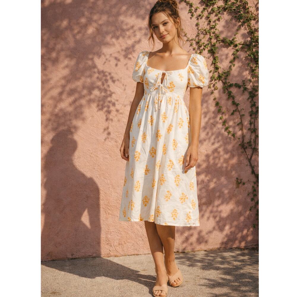 NEW! Ciao Lucia XS Puff Sleeve Alessia Midi Dress White Yellow Floral Milkmaid